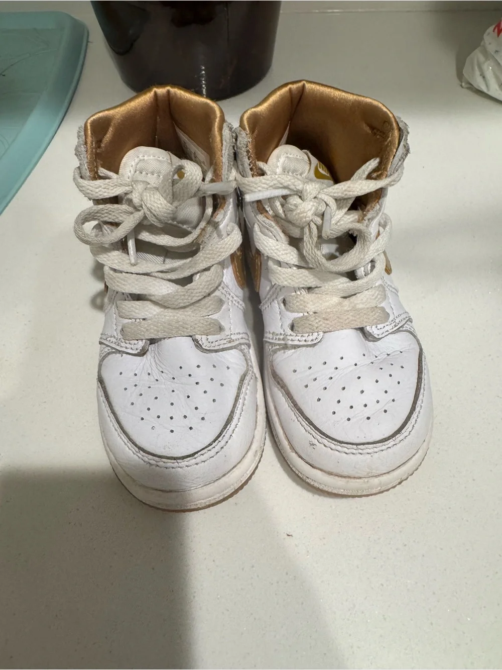 Nike Kids White and Metallic Gold High-Top Sneakers
